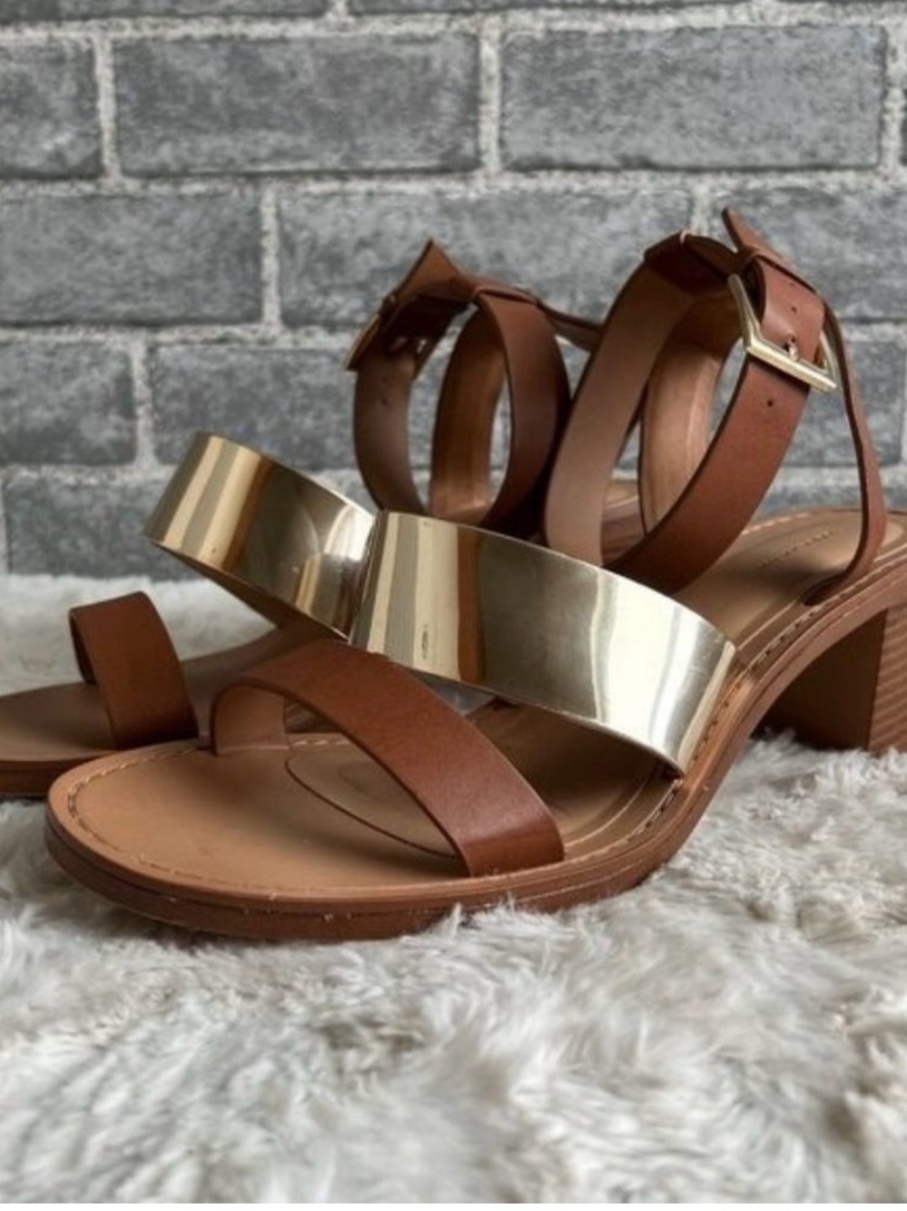 Zara Women's Brown Leather Block Heel Sandals with Gold Accent